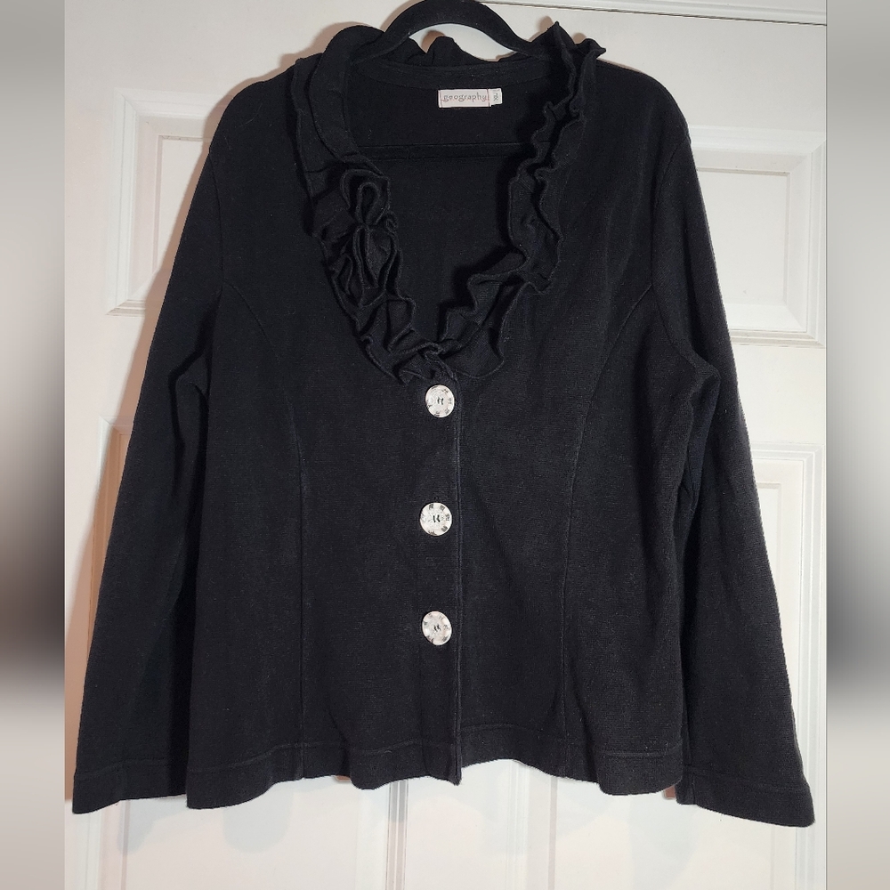 Geography Black Cotton Button Up Cardigan Sweater Large White Buttons XL